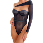 Elegant One-Sleeve Transparent Mesh Body-Shaping Lingerie